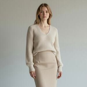 Helmut Lang Beige Cashmere Wool Deep V-Neck Knit Sweater Minimalist Small
